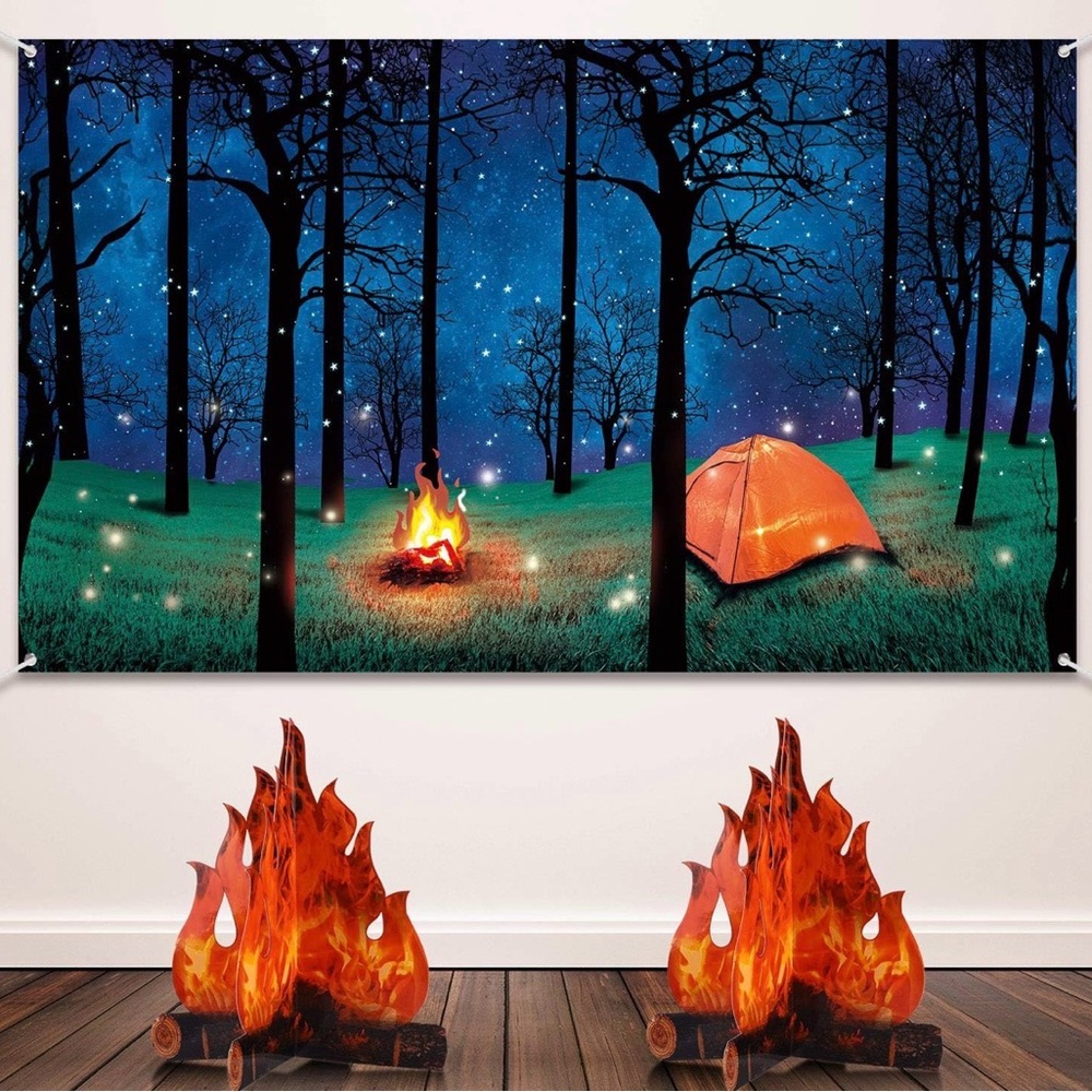 Forest Scene Camping Backdrop & Two Paper Campfires